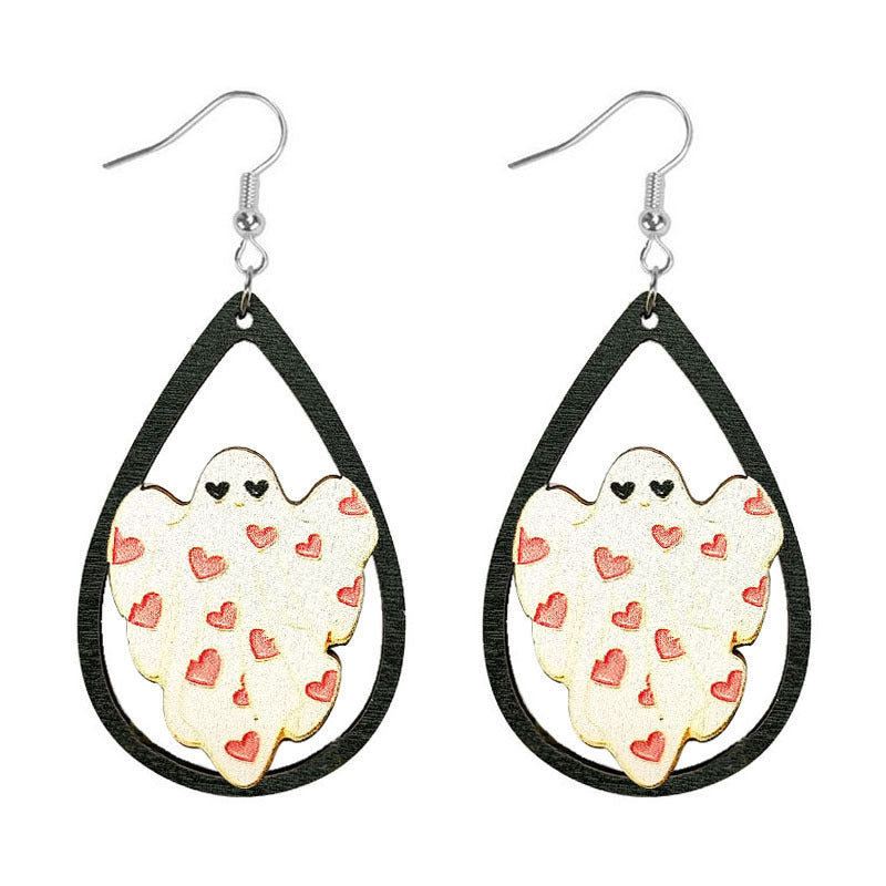 Wholesale Halloween Water Drop Ghost Skull Print Pendant Wooden Earrings